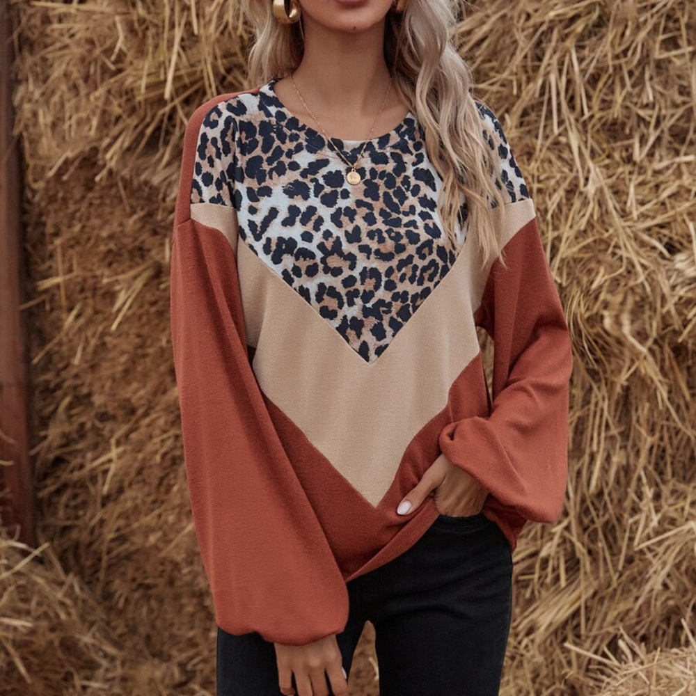 Rust leopard print chevron balloon sleeve top